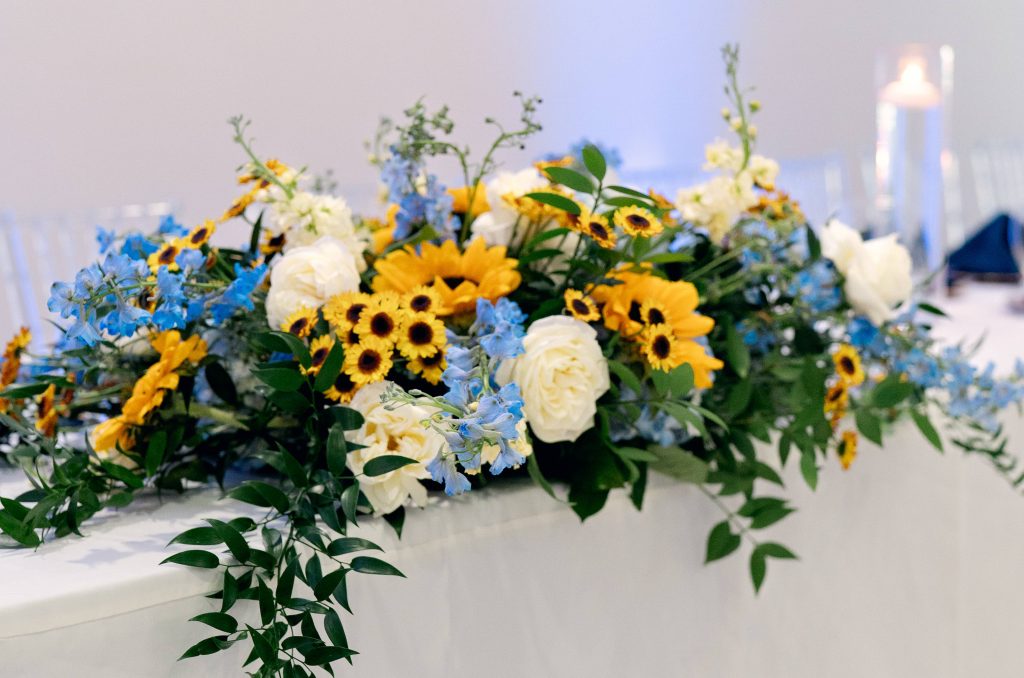 Brianna and Brandon reception flowers Dream Bouquet reception flowers at the Waters Edge