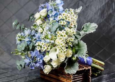 blue bouquet with eucalyptus