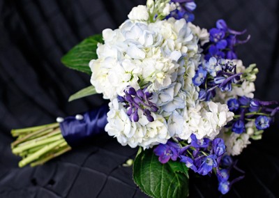 Blue Delphinium and White Hydrangea Wedding Bouquet